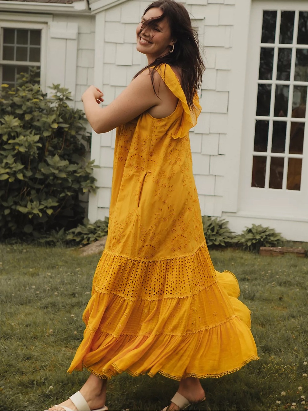 NWT Anthropologie Eyelet Embroidered Ruffled Maxi Dress Yellow Tiered Boho 16 W